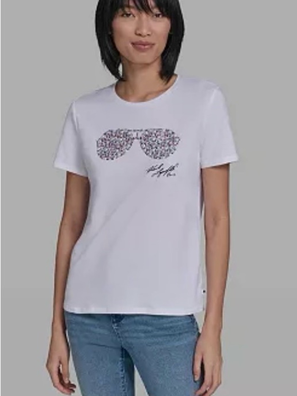 Karl Lagerfeld Paris Women’s White Graphic Tee with Sunglasses Print
